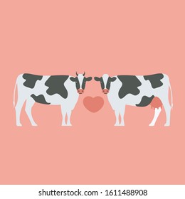 Two Cute & Sweet Cartoon Cows Standing Flat Design. Pair Or Couple In Valentines Day Isolated Vector. Love Red Heart Simple. Romatic Fat Relationship Or Lovely Family. Organic Food Or Postcard Wedding