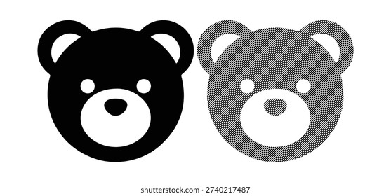 Two cute teddy bear head icons, one solid black and one with diagonal stripes, on white