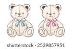 Two cute teddy bears with blue and pink bows sitting together in a cheerful design for children