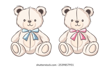 Zwei süße Teddybären mit blauen und rosa Schleifen sitzen zusammen in einem fröhlichen Design für Kinder