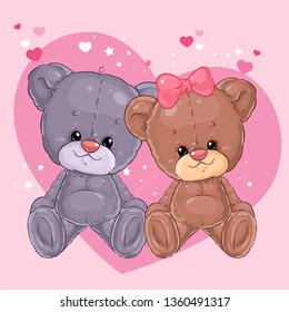 Two cute teddy bears a boy and a girl are sitting on the background of a big heart. Card for Valentine's