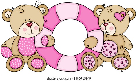 Two cute teddy bears holding a pink floating inflatable swimming