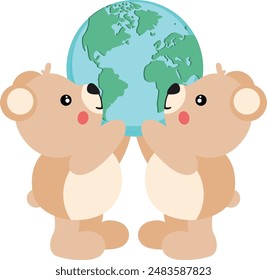 Dos lindos osos de peluche sosteniendo un globo mundial