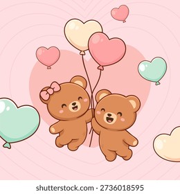 two cute teddy bears holding balloons in the shape of hearts