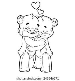 Two cute teddy bears in love outlined on a white background. Vector illustration for coloring book.