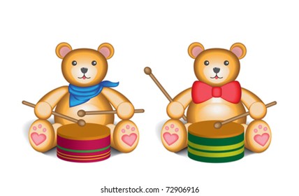 Two cute teddy bears playing drums, isolated on a white background.