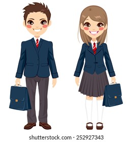 Two cute teenage brother and sister students standing together with uniform and holding suitcase