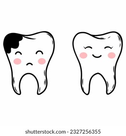 Dos dientes lindos. Descomposición dental. Ilustración del doodle vectorial sobre el tema de la odontología.