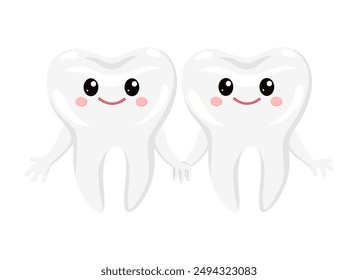 Two cute teeth holding hands. Each tooth has large eyes, rosy cheeks, and a cheerful smile, giving them a friendly appearance. For promoting oral hygiene and attracting children to dental care.