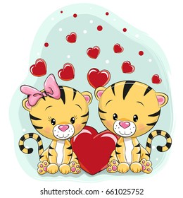 Two Cute Tigers with hearts on a blue background