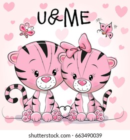 Two cute Tigers on a hearts background