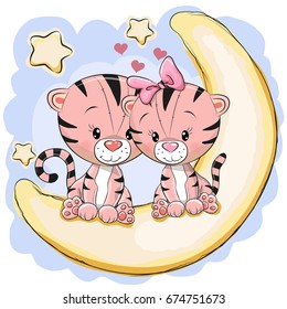 Two Cute Tigers is sitting on the moon