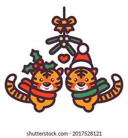 Two cute tigers under mistletoe illustration. 2022 symbol tigers with Santa Claus hat and holly berries, heart love. Christmas kiss and new year design 2022. Chinese new year 2022 tiger symbol