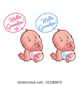 Two cute toddler in diaper. Card for grandpa: Hello, Grandpa! Vector illustration on a white background.