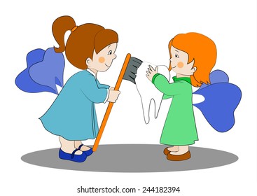 Two cute tooth fairies brushing a tooth