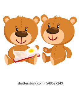 Two cute traditional, retro style teddy bear characters sitting and reading a book, cartoon vector illustration isolated on white background. Teddy bear characters reading book together