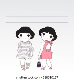 Two Cute Trendy Girls Paper Note Character illustration