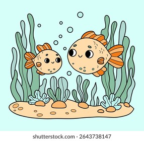Dois peixes tropicais fofos no dia de areia do mar com algas. Engraçado família de personagens. Um animal grande e pequeno. Paisagem submarina. Desenho de Mão Colorido. Não é IA. Ilustração vetorial. Coleção Kids 