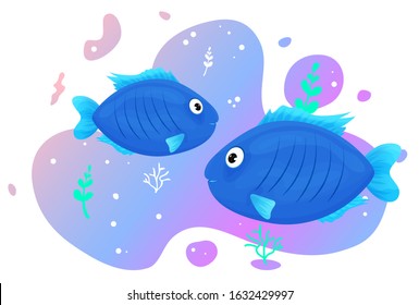 Two cute tropical fish in the sea. Brightly-coloured ocean fish. Underwater marine wild life. Vector illustration.