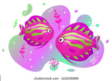 Two cute tropical fish in the sea. Brightly-coloured ocean fish. Underwater marine wild life. Vector illustration.