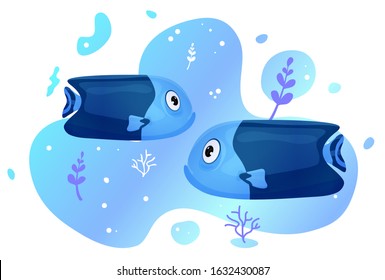 Two cute tropical fish in the sea. Brightly-coloured ocean fish. Underwater marine wild life. Vector illustration.