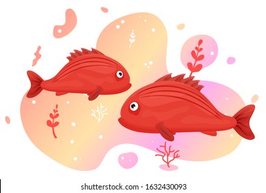 Two cute tropical fish in the sea. Brightly-coloured ocean fish. Underwater marine wild life. Vector illustration.