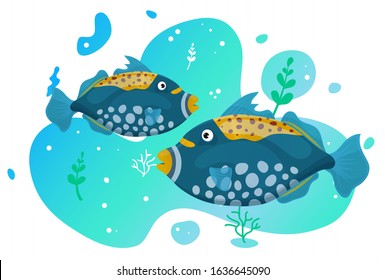 Two cute tropical fish in the sea. Brightly-coloured ocean fish. Underwater marine wild life. Vector illustration.