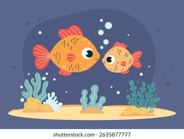 Dois peixes tropicais bonitos e algas de plantas marinhas no fundo do mar arenoso. Engraçado família de desenhos animados Big e pequeno animal de personagem. Paisagem submarina. Ilustração vetorial. Coleção Kids