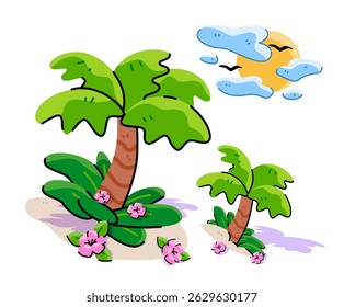Two cute tropical palms with sun and clouds on isolated background. Vector cartoon summer elements