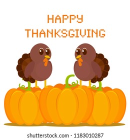 Two cute turkeys on pumpkins, thanksgiving vector