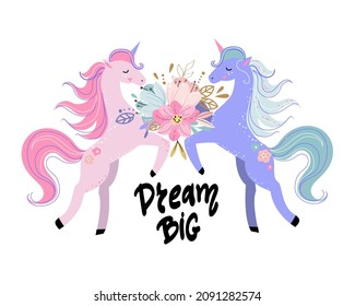 Two cute unicorn in boho style. Vector illustration isolated. Scandinavian design for t-shirt, nursery art