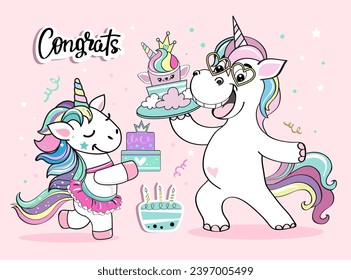 Two cute unicorns with cake for birthday. Vector illustration isolated. Design for t-shirt, room decoration