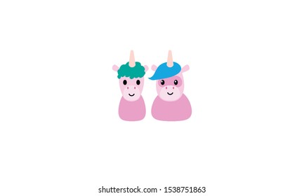 two cute unicorns, character icon, pink horses