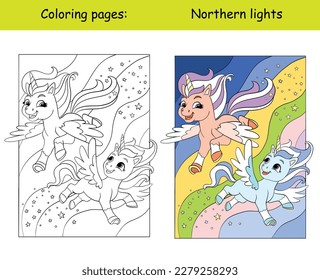 Two cute unicorns flying in the night sky with the northern lights. Cartoon vector illustration. Kids coloring book page with color template. For coloring, education, print, game, decor, puzzle,design