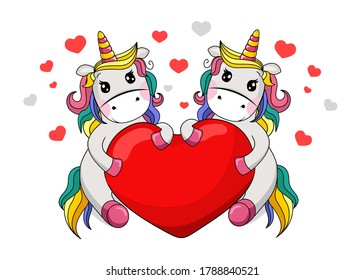 Two cute unicorns holding a red heart isolated on white background