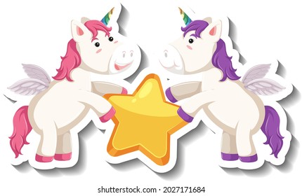 Dos adorables unicornios sosteniendo la estrella juntos la ilustración de una pegatina de dibujos animados