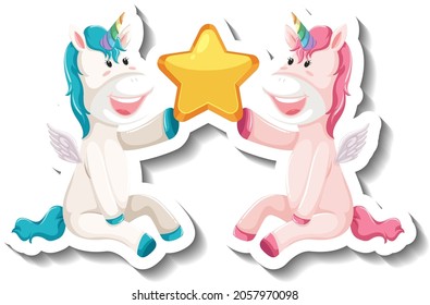 Two cute unicorns holding star together cartoon sticker illustration