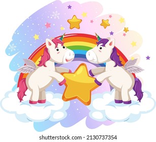 Dos bonitos unicornios sosteniendo una estrella juntos ilustración