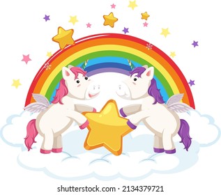 Two cute unicorns holding a star together  illustration