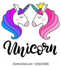 Two cute unicorns in love lettering vector illustration in rainbow colors, flat style. Baby clothes design. Cute nursery decoration. Fantastic animals from fairy tales for children. EPS10