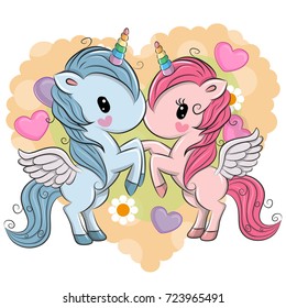 Two cute Unicorns on a hearts background