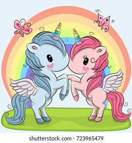 Two cute Unicorns on a rainbow background