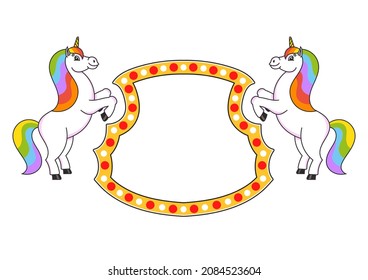 Two cute unicorns reared up. Cartoon style. Color bright illustration. With place for your text. For circus advertisements, advertising.