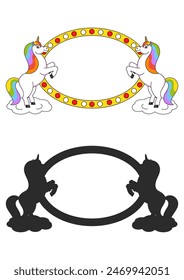 Two cute unicorns reared up. Cartoon style. Color bright illustration. With place for your text. For circus advertisements, advertising.