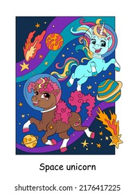 Two cute unicorns in space. Vector colorful cartoon illustration isolated on white background. For coloring book, education, print, game, decor, puzzle, design