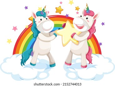 Two cute unicorns standing on clouds with rainbow illustration