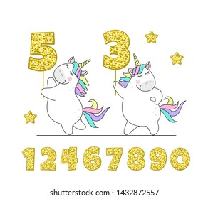 Two cute unicorns witha Golden number , a children's Birthday card.Vector illustration isolated on white background.