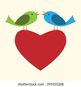Two cute vector birds perched on red heart looking at each other. Valentine's Day, wedding, love. Place for your text, copy space. EPS 10 vector illustration, no transparency