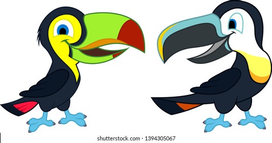 Two cute Vector cartoon rainbow-billed and channel-billed toucans