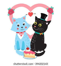 Two cute vector cats. Card design elements with cute cats. Wedding invitation card. Cartoon bride and groom vector cat.
Cute romantic background.